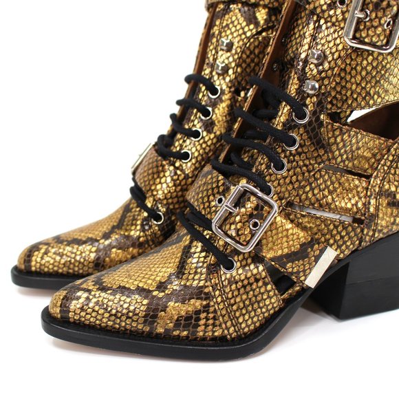 Chloe Rylee Leather Gold Python Embossed Caged Cut-Out Ankle Booties 36 NEW Boot - Picture 3 of 8